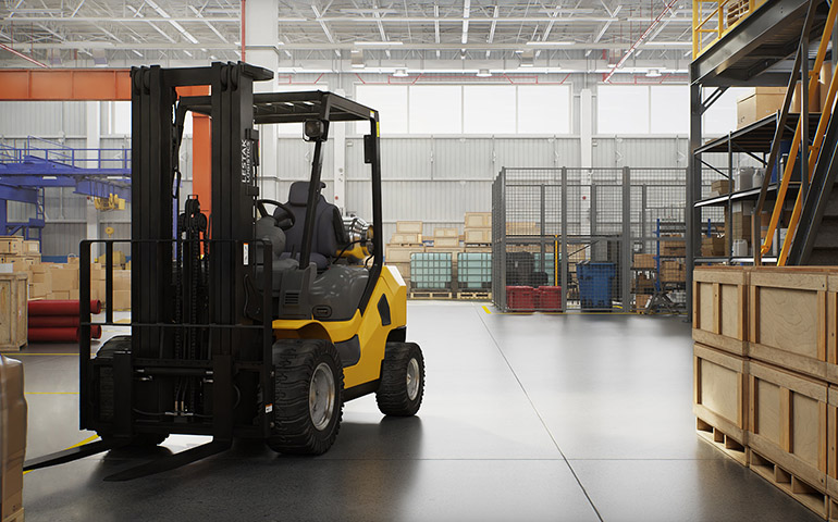 Manufacturing warehouse scene created with generative AI and NVIDIA Omniverse and Isaac Sim.